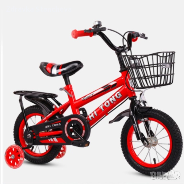 Детски велосипед с кош, помощни колела и два вида спирачки / Цвят: Червен / Инчове: 14, снимка 1