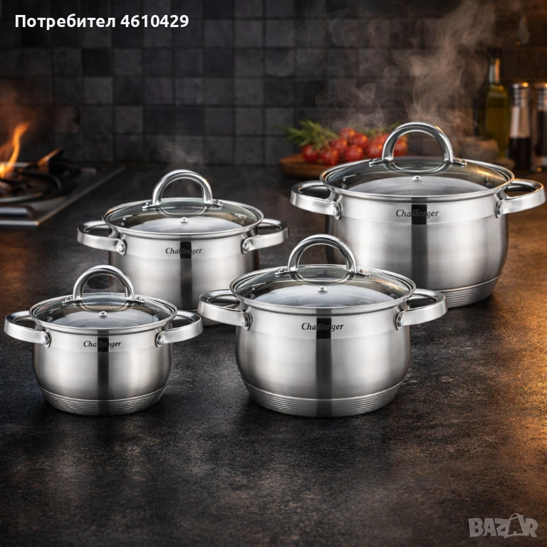 Комплект 4 тенджери от неръждаема стомана с индукционно дъно Cheffinger CF-SS8 + ПОДАРЪК Ръчен чопър, снимка 1
