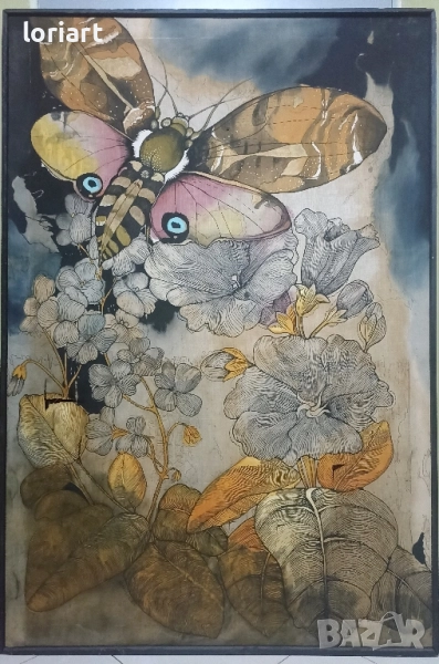 Текстилна картина с пеперуда/винтидж, снимка 1