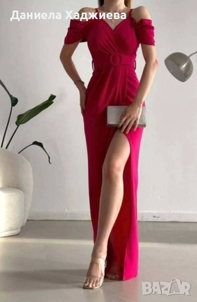 Вечерна рокля с отворени рамене и цепка -цвят фуксия , снимка 1