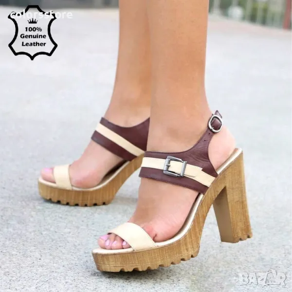 Сандали на ток - бежово с кафяво ЕСТЕСТВЕНА кожа - 701, снимка 1