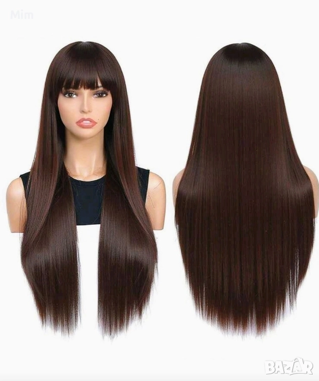 Дълга права перука в кестеняво с бретон, снимка 1