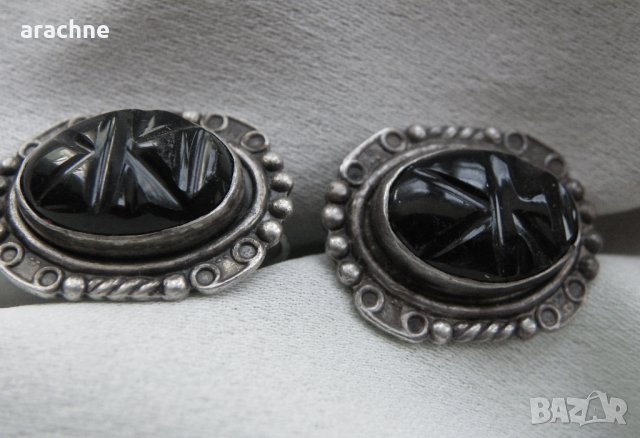 Антикварни сребърни мексикански обици с инталии от обсидиан, снимка 3 - Обеци - 40311343