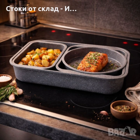 Комплект 4 тави за печене Cheffinger с мраморно незалепващо покритие – различни форми, компактно под, снимка 4 - Съдове за готвене - 53172804
