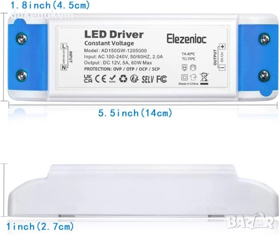 12V LED драйвер/трансформатор 60W 5A – стабилизирано захранване, снимка 3 - Лед осветление - 53163002