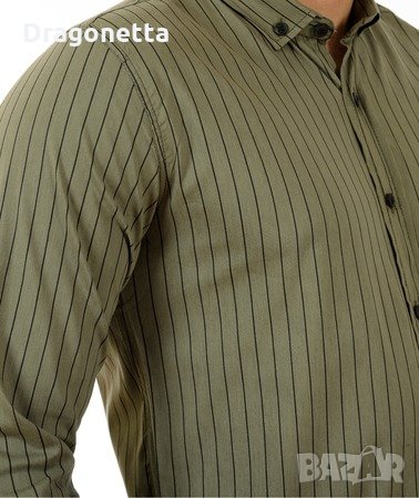 Мъжка зелена риза на черни райета-1 брой, Дължина ръкав-65см, дължина 75см,широчина гръб 52см,яка 43, снимка 2 - Ризи - 35130871