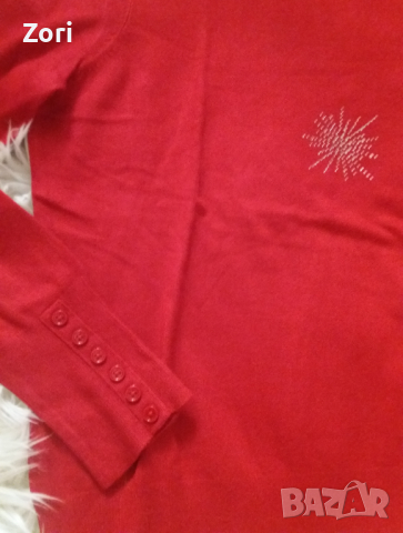 УНИКАЛНО червено поло от фино и меко плетиво, украсено със сребристи камъчета, снимка 3 - Блузи с дълъг ръкав и пуловери - 44794289