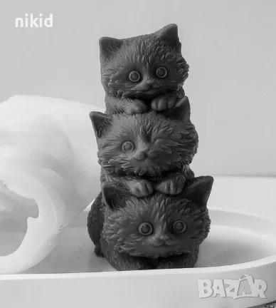 3d 3 Глави котета котенца котки коте силиконов молд форма фондан шоколад гипс свещ декор, снимка 3 - Форми - 47842862