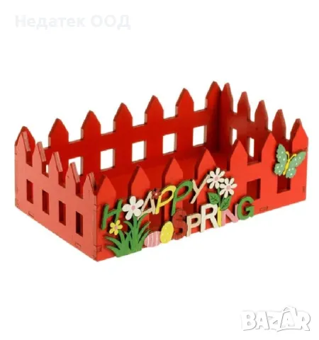 Великденска декоративна дървена кошница Червена ограда с цветя 22x13x7см, снимка 2 - Декорация за дома - 48685743