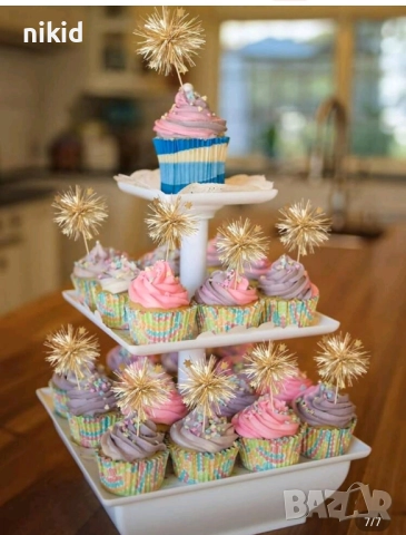 10 бр фойерверки заря помпони златисти рошави декорации декор за мъфини кексчета торта парти , снимка 6 - Други - 51465986