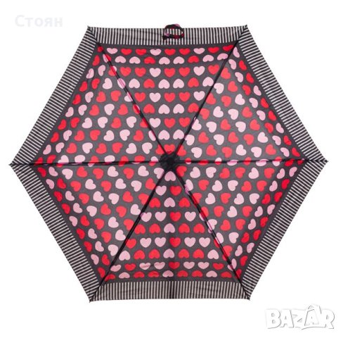 Сгъваем чадър за дъжд Ръчен Черно Червени Розови Сърца 23,5см, снимка 1 - Други - 42876360