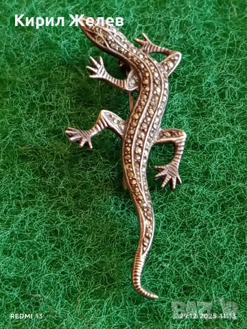 Артистчна сребърна брошка с Маркезит във формата на гущер/саламандър 49738, снимка 5 - Колиета, медальони, синджири - 52925918