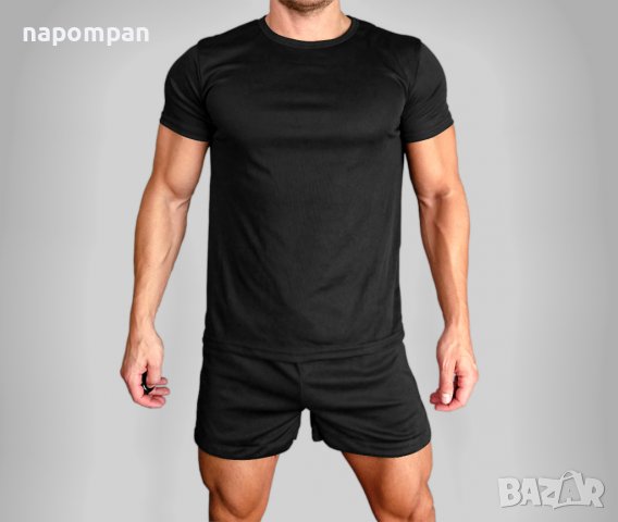 Мъжки спортен екип за фитнес от дишаща материя - тениска + къси панталони									