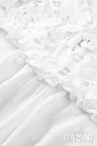 Дамска елегантна блуза в бяло с принт на точки и ефектно бродирано деколте, снимка 10 - Блузи с дълъг ръкав и пуловери - 39890805