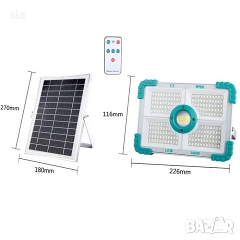 Прожектор с външен панел и дистанционно 100W, LED, снимка 2 - Къмпинг осветление - 54339451