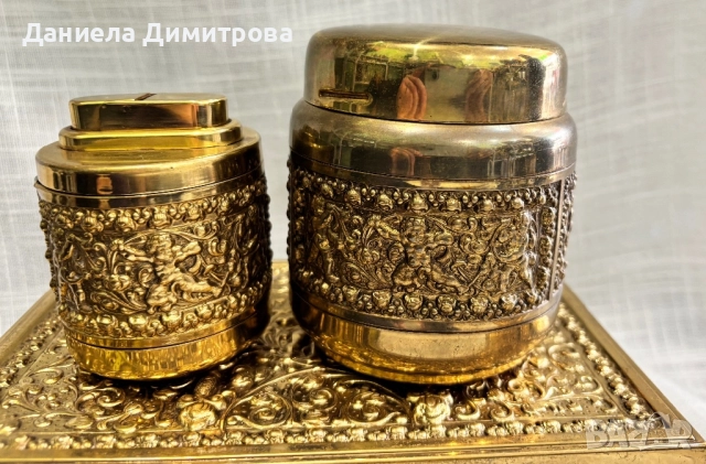 Сет от кутия за пури, запалка и съд за тютюн от месинг/бронз, снимка 2 - Антикварни и старинни предмети - 52466922
