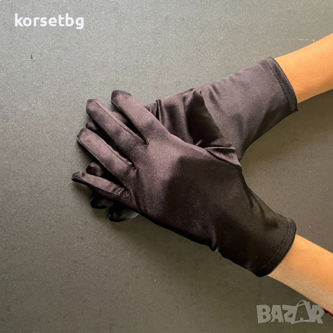 Елегантни къси черни сатенени ръкавици 23 см 7053, снимка 1