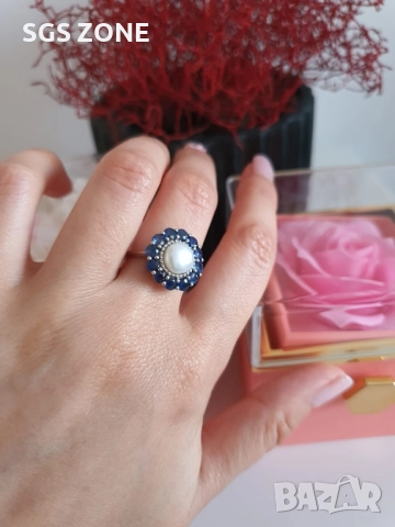 СРЕБЪРЕН ПРЪСТЕН С ПЕРЛИ, ОБКРАЧЕНИ ОТ САПФИРИ ИЛИ РУБИНИ, ТАЙЛАНД, снимка 4 - Пръстени - 52317817