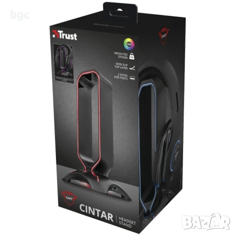  Стойка за слушалки Trust Cintar GXT 265, RGB осветление, 2 USB-A порта, 1,5 м кабел, неплъзгаща се,