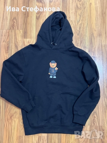 Спортна черна памук памучна  ватирана блуза суичър суитшърт с качулка мече, снимка 6 - Спортни екипи - 51779417