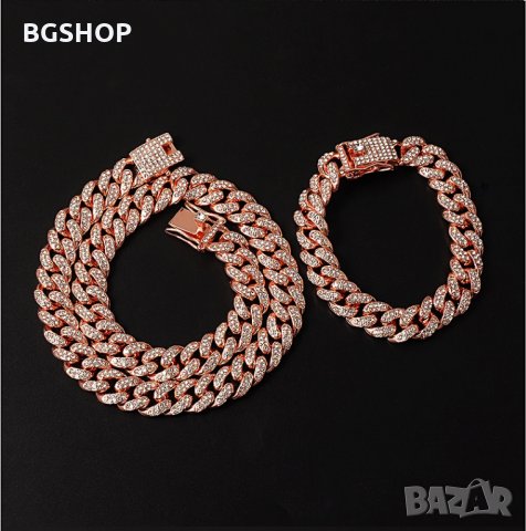 Bling Bling Хип-хоп ланец и гривна - Комплект Pink, снимка 2 - Бижутерийни комплекти - 30410197