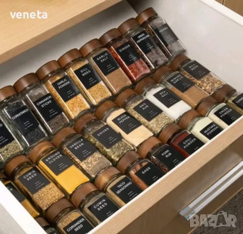 Стъклени буркани за подправки с етикет, 24 броя 