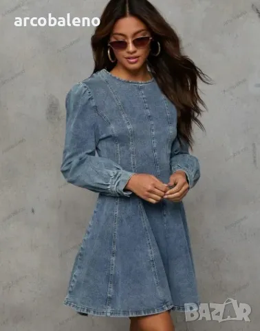 Модна дамска дънкова рокля с дълги ръкави с талия в пачуърк, 2цвята , снимка 7 - Рокли - 47696054