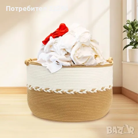 Голяма памучна кошница за пране XXL Сгъваема Пераема С дръжки 50×50×33 см – Жълто/Бяло, снимка 3 - Кошници и панери за дома - 55965052
