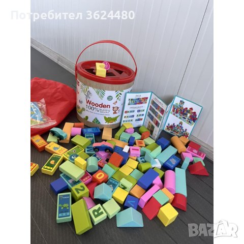 Дървен конструктор с кофа и 50 части, снимка 2 - Конструктори - 42649677