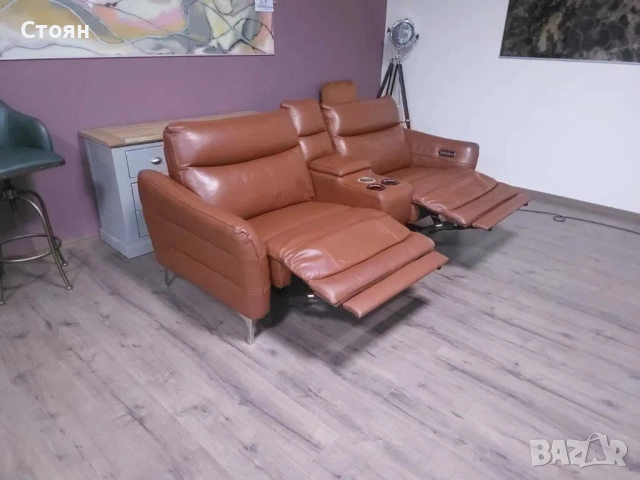 Кафяв кожен диван голяма двойка с електрически релаксиращ механизъм, снимка 9 - Дивани и мека мебел - 52825846