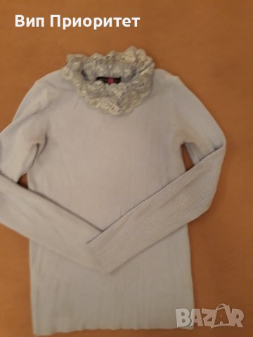 Италианска плетена светло синя блузка с дълъг ръкав , изчистена отпред и отзад и с ефектна дантелена, снимка 8 - Блузи с дълъг ръкав и пуловери - 39217923