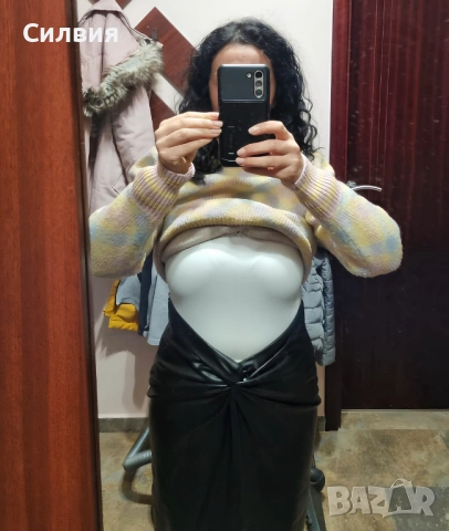 Чисто нова черна дълга лъскава кожена пола "Zara" / "Зара", размер L, снимка 6 - Поли - 52414264