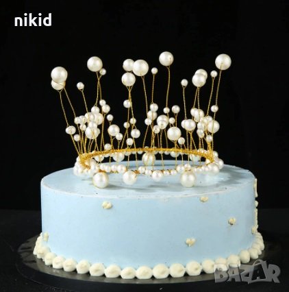 Метален златист обръч корона с перлени перли топер украса декор за торта, снимка 4 - Други - 30720888