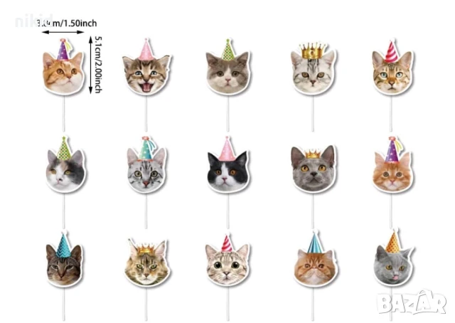 Коте Котка Happy Birthday картонен топер 15 бр топери украса декор парти рожден ден торта мъфини, снимка 2 - Други - 51394601
