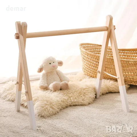 Дървена гимнастика за бебе (Play Gym) за новородено с подвижна дъга и арки, сгъваема