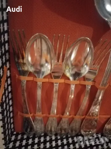 Посребрени прибори за хранене. Комплекта е в кутия  Комплектьт включва: Вилица и льжица за сервиране, снимка 7 - Прибори за хранене, готвене и сервиране - 50181454