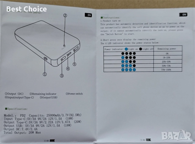 външна батерия Safe Speed Portable Power Bank, модел PD2 25000mAh, снимка 10 - Външни батерии - 52570084