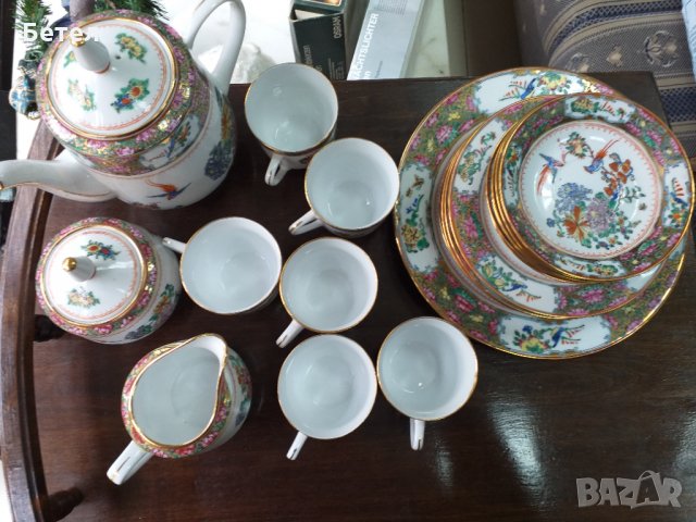 Сервиз от ръчно рисуван чаен костен порцелан, 22 части, Япония, снимка 1 - Колекции - 30874542