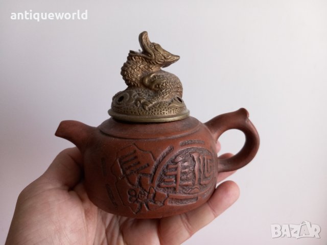 Много Рядък Стар Глинен Китайски Съд Yixing  с Бронзов Капак, снимка 8 - Антикварни и старинни предмети - 44413818