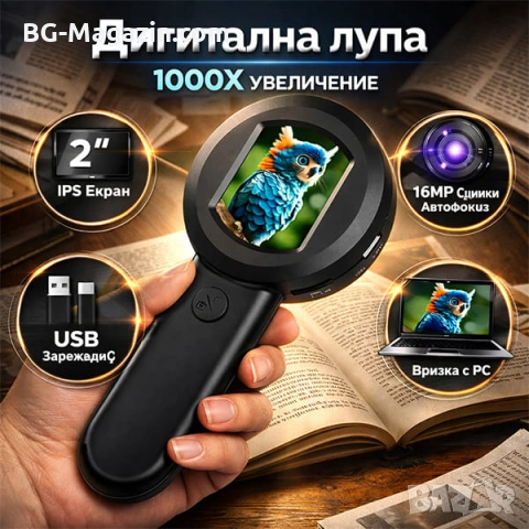 Професионална дигитална лупа ръчна със 100x увеличение за четене работа UV светлина 8 LED 16MP USB