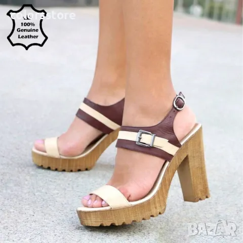 Сандали на ток - бежово с кафяво ЕСТЕСТВЕНА кожа - 701