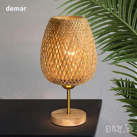 HHMTAKA Нощна настолна лампа с двуслоен бамбуков абажур, дървена основа, с крушка E27, снимка 6 - Настолни лампи - 44370857