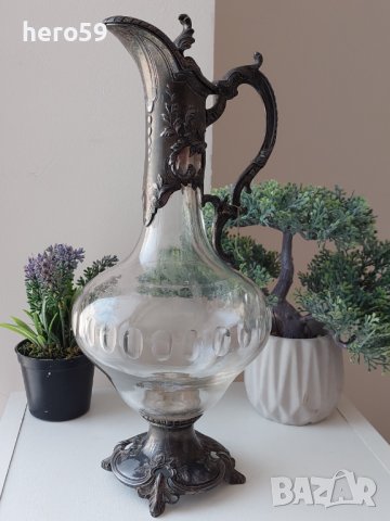 Стара кана за вино-стъкло и метал-Франция, снимка 1