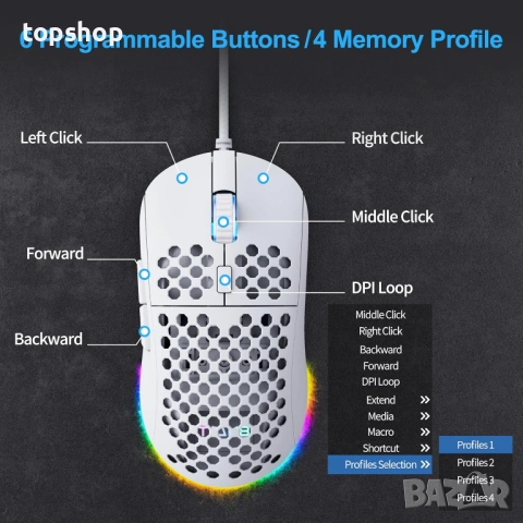 Геймърска мишка TMKB Falcon M1SE Ultralight - 12800 DPI, RGB, Бяла, ултра лека, снимка 3 - Клавиатури и мишки - 53204066