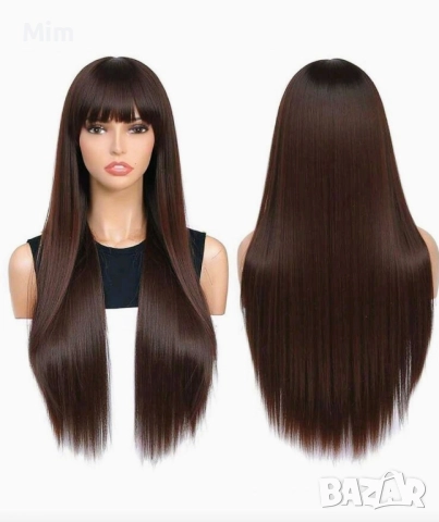 Дълга права перука в кестеняво с бретон