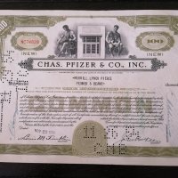 Сертификат за притежание на 100 акции (САЩ) | Chas. Pfizer & Co. Inc. | 1954г., снимка 1 - Други ценни предмети - 29149819