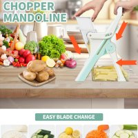 Mandoline Slicer 6 в 1 регулируема многофункционална резачка за зеленчуци с контейнер, бяла, снимка 3 - Аксесоари за кухня - 44804115