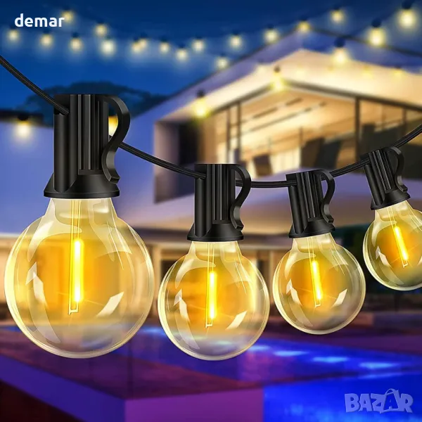 Rovnoes Външни струнни светлини 7,6 метра, 12+1 G40 LED крушки, IP 64, снимка 1