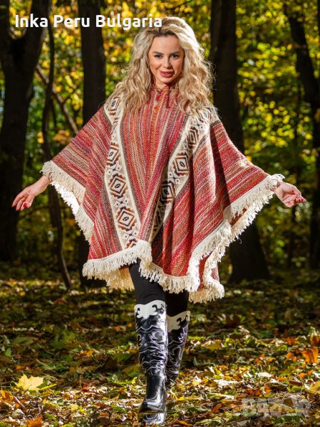 Автентичнo еквадорско унисекс пончо, 100% вълна, оранжево-червено, снимка 1