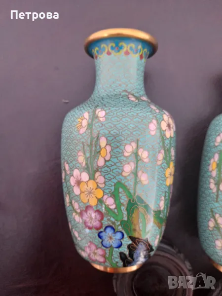Винтидж китайска красива зелена рядка клоазонова ваза, чифт красиви цвята, снимка 1